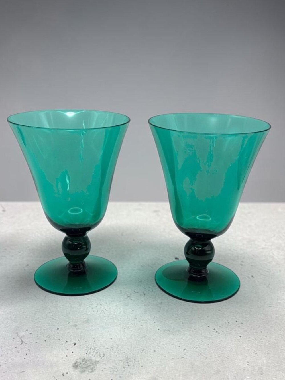 Set of 2 Teal Green Glass Goblets Ball Stem Footed Wine Water Glasses 5.5"